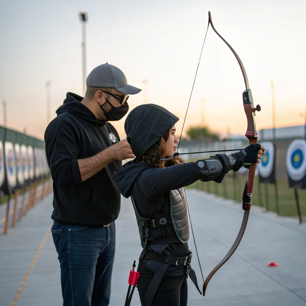 Instructor guiding a beginner in archery